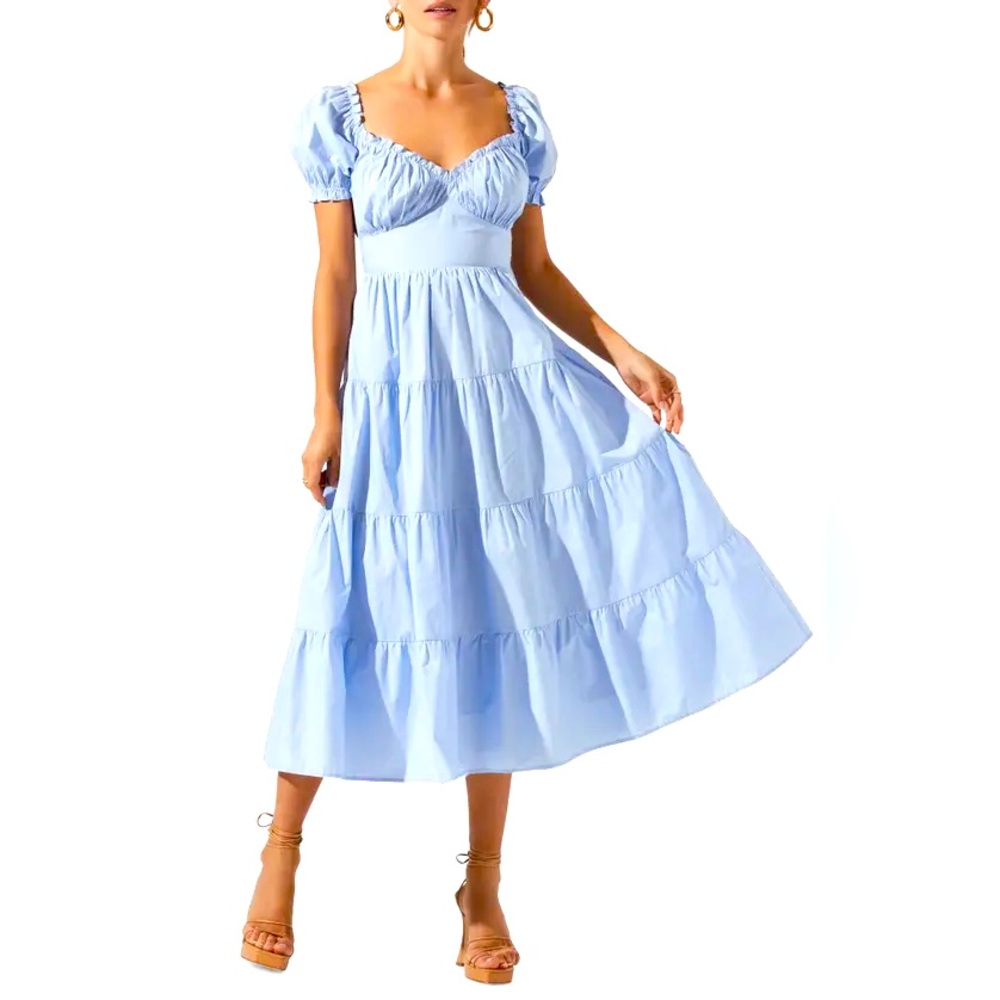 NWOT ASTR Sweetheart Tiered Ruffle cotton coquette Pastel puff pleated Dress L